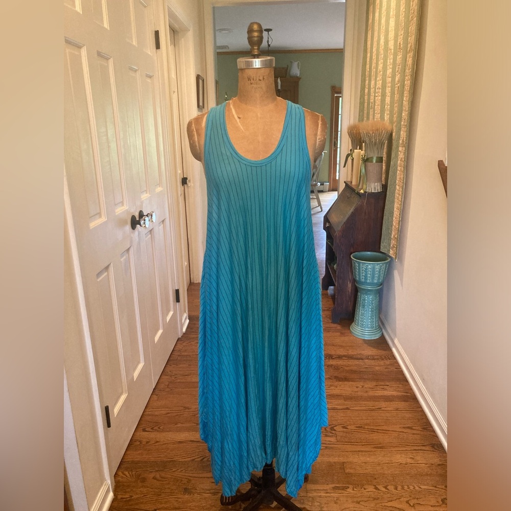 COMFY USA Dress Handkerchief Hem TURQUOISE Crinkle Poly Rayon L Worn onc… - Picture 3 of 13